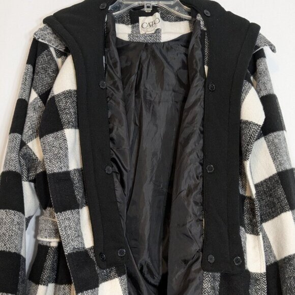 CATO Black/White Plaid Fleece Hooded Mid-Length Button Coat; Size 3X - Picture 2 of 6